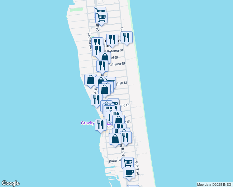 map of restaurants, bars, coffee shops, grocery stores, and more near 113 East Dolphin Street in South Padre Island