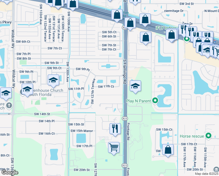map of restaurants, bars, coffee shops, grocery stores, and more near 12480 Southwest 11th Court in Davie