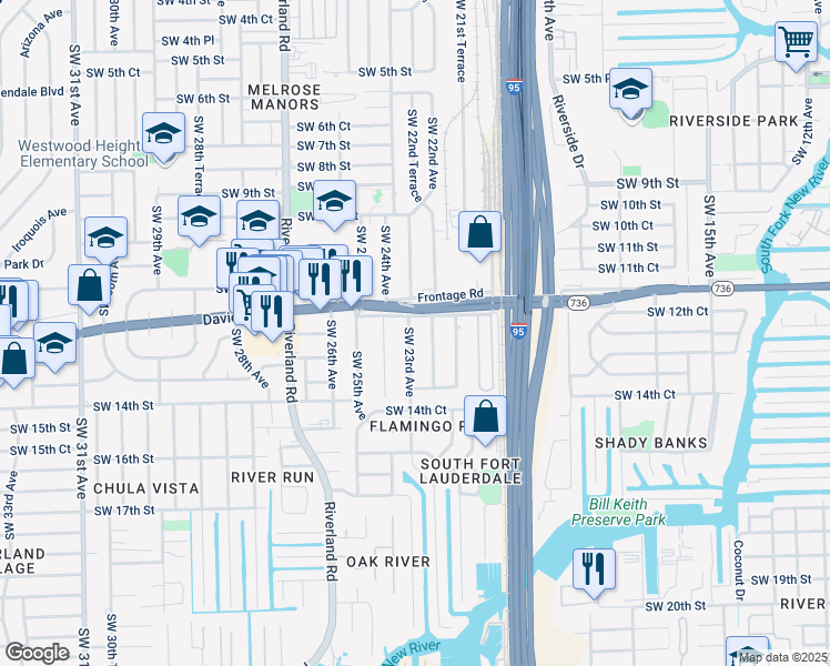 map of restaurants, bars, coffee shops, grocery stores, and more near 1215 Southwest 23rd Avenue in Fort Lauderdale