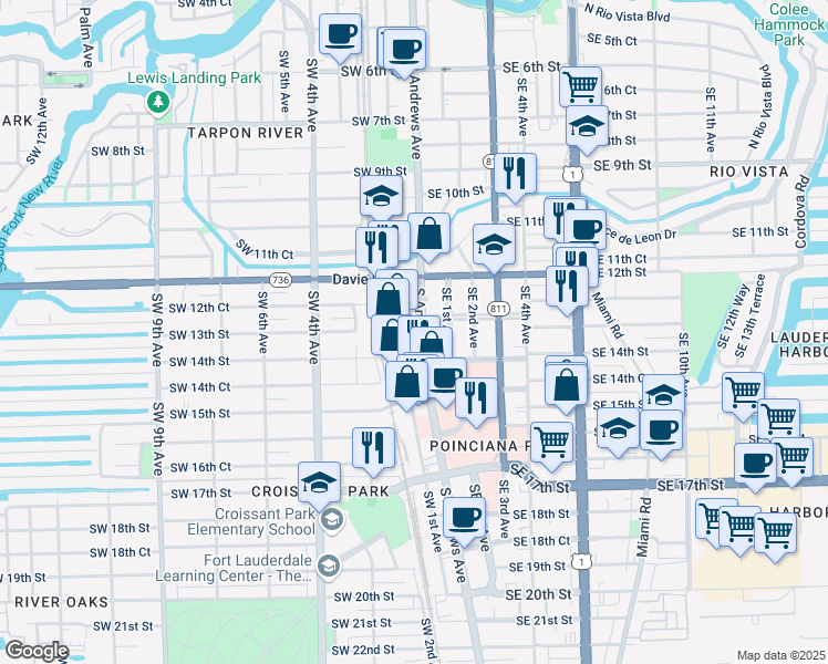 map of restaurants, bars, coffee shops, grocery stores, and more near 1301 South Andrews Avenue in Fort Lauderdale