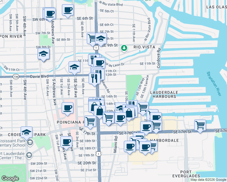 map of restaurants, bars, coffee shops, grocery stores, and more near 733 Southeast 13th Street in Fort Lauderdale
