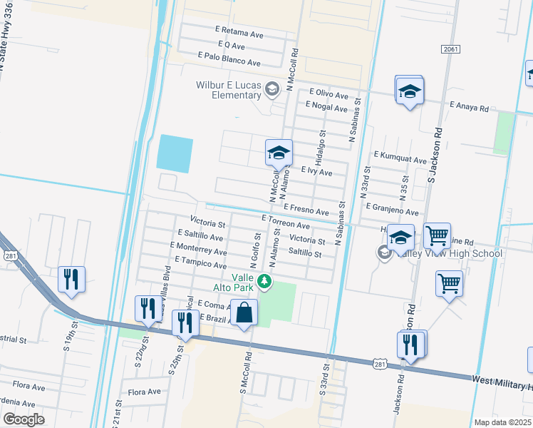 map of restaurants, bars, coffee shops, grocery stores, and more near 2800 Fresno Avenue in Hidalgo