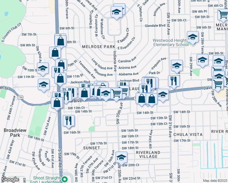 map of restaurants, bars, coffee shops, grocery stores, and more near 3472 Southwest 12th Court in Fort Lauderdale