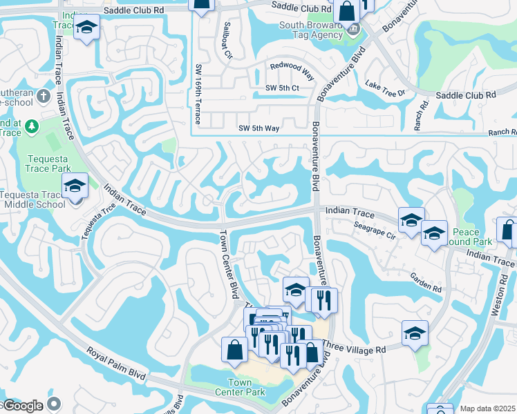 map of restaurants, bars, coffee shops, grocery stores, and more near 1175 Laguna Springs Drive in Weston