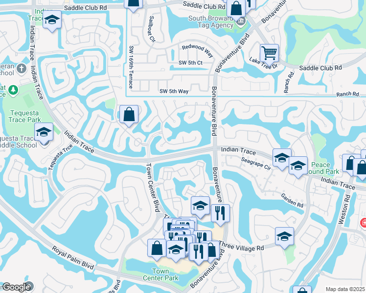 map of restaurants, bars, coffee shops, grocery stores, and more near 1142 Laguna Springs Drive in Weston