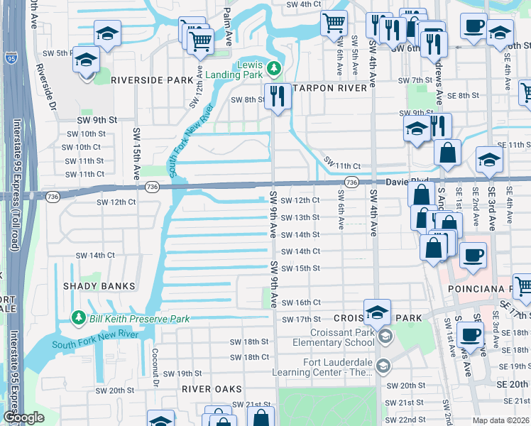 map of restaurants, bars, coffee shops, grocery stores, and more near 911 Southwest 12th Court in Fort Lauderdale