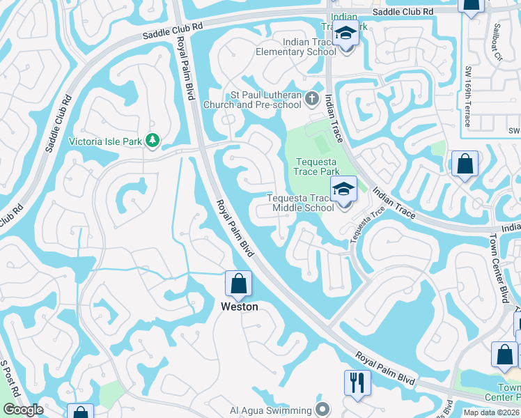 map of restaurants, bars, coffee shops, grocery stores, and more near 924 Spoonbill Circle in Weston