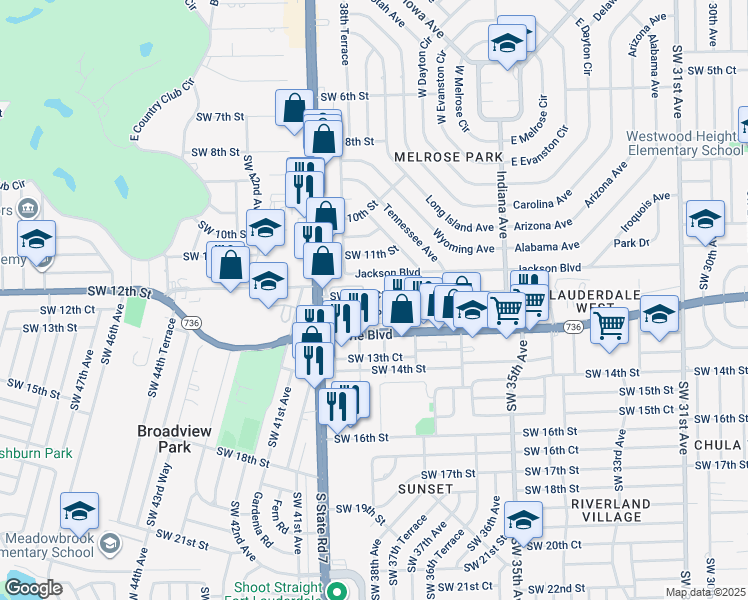 map of restaurants, bars, coffee shops, grocery stores, and more near 3732 Southwest 12th Court in Fort Lauderdale