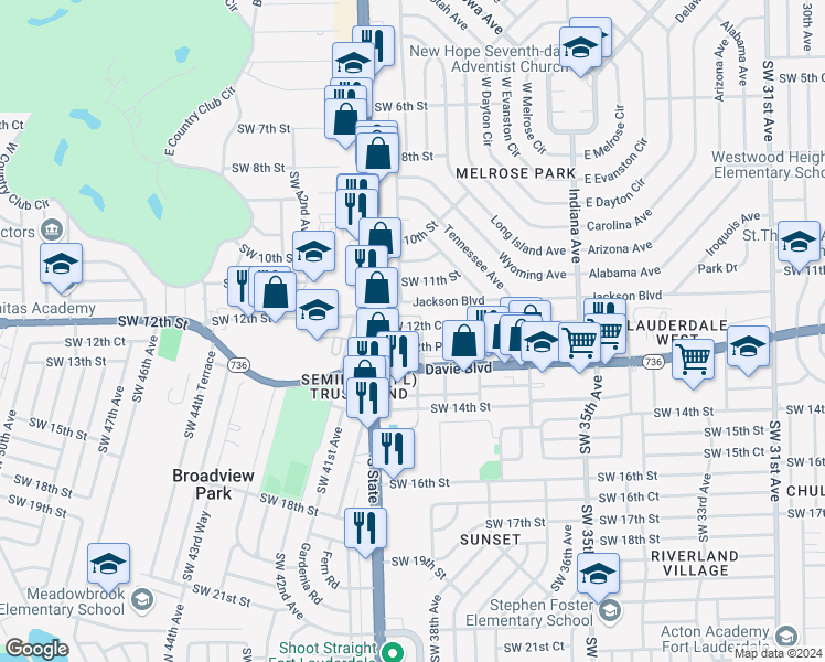 map of restaurants, bars, coffee shops, grocery stores, and more near 3961 Southwest 12th Court in Fort Lauderdale