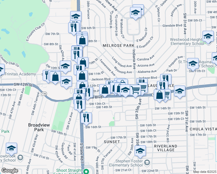 map of restaurants, bars, coffee shops, grocery stores, and more near 3648 Southwest 12th Court in Fort Lauderdale