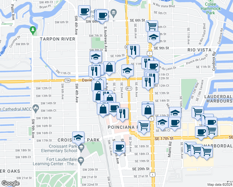map of restaurants, bars, coffee shops, grocery stores, and more near 1300 Southeast 1st Avenue in Fort Lauderdale