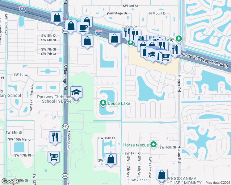 map of restaurants, bars, coffee shops, grocery stores, and more near 1155 Southwest 118th Terrace in Davie