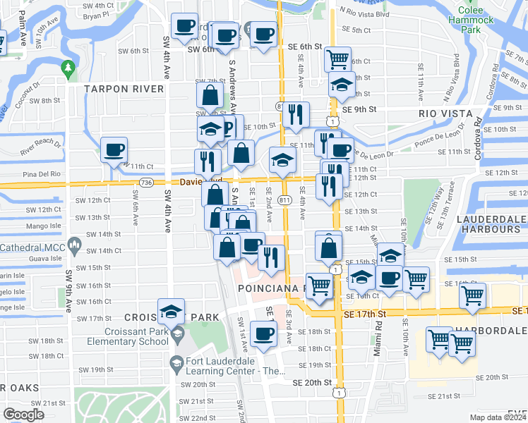 map of restaurants, bars, coffee shops, grocery stores, and more near 114 Southeast 13th Street in Fort Lauderdale