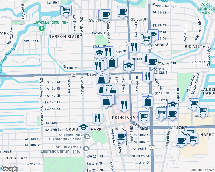 map of restaurants, bars, coffee shops, grocery stores, and more near 1301 South Andrews Avenue in Fort Lauderdale
