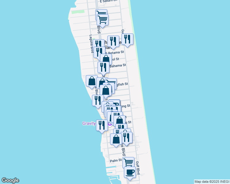 map of restaurants, bars, coffee shops, grocery stores, and more near 113 E Dolphin St in South Padre Island