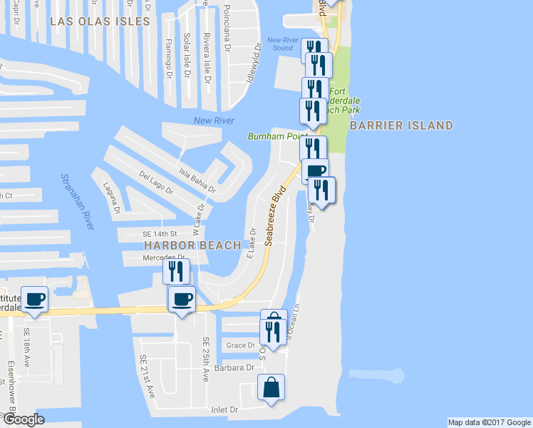 map of restaurants, bars, coffee shops, grocery stores, and more near 1313 Florida A1A in Fort Lauderdale