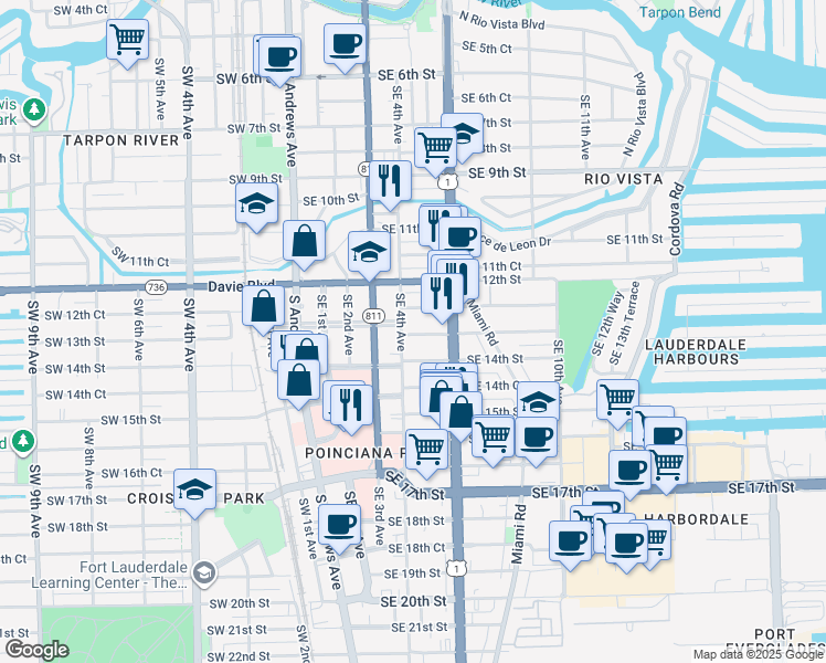 map of restaurants, bars, coffee shops, grocery stores, and more near 401 Southeast 13th Street in Fort Lauderdale
