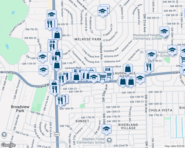 map of restaurants, bars, coffee shops, grocery stores, and more near 3524 Southwest 12th Court in Fort Lauderdale