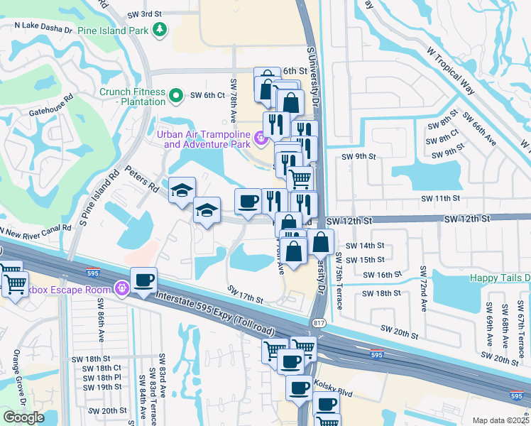 map of restaurants, bars, coffee shops, grocery stores, and more near 8021 Peters Road in Plantation