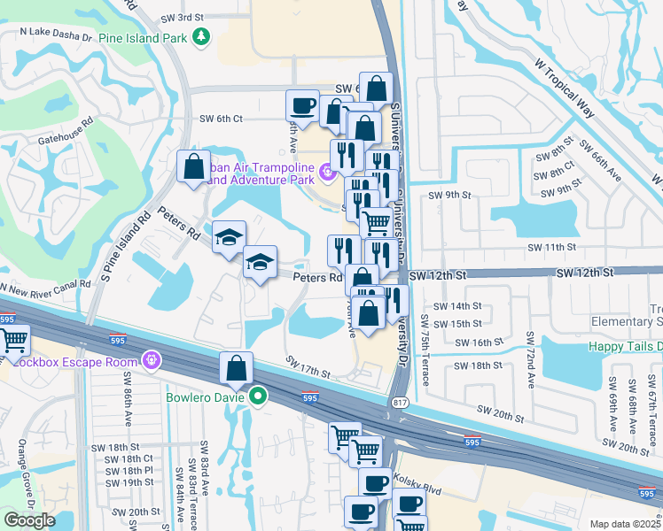 map of restaurants, bars, coffee shops, grocery stores, and more near 8021 Peters Road in Plantation