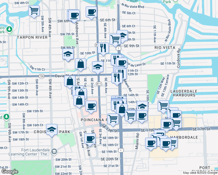 map of restaurants, bars, coffee shops, grocery stores, and more near 401 Southeast 13th Street in Fort Lauderdale