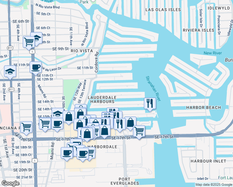 map of restaurants, bars, coffee shops, grocery stores, and more near 1607 Southeast 13th Street in Fort Lauderdale