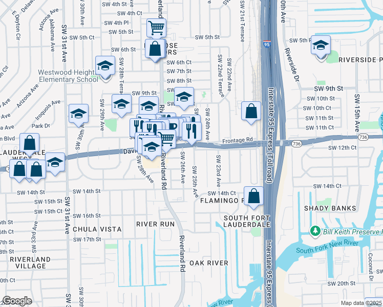 map of restaurants, bars, coffee shops, grocery stores, and more near 1274 Southwest 25th Avenue in Fort Lauderdale