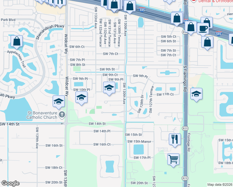 map of restaurants, bars, coffee shops, grocery stores, and more near 13060 Southwest 11th Street in Davie