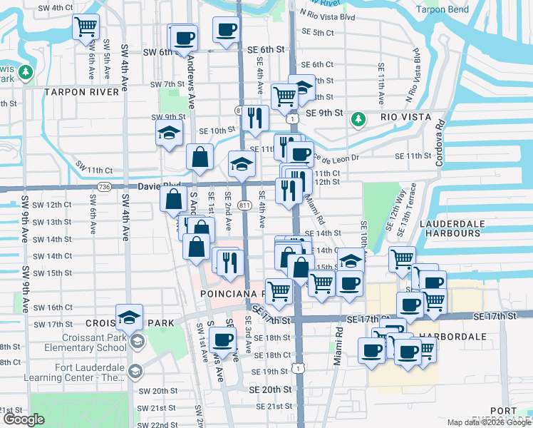 map of restaurants, bars, coffee shops, grocery stores, and more near 401 Southeast 13th Street in Fort Lauderdale