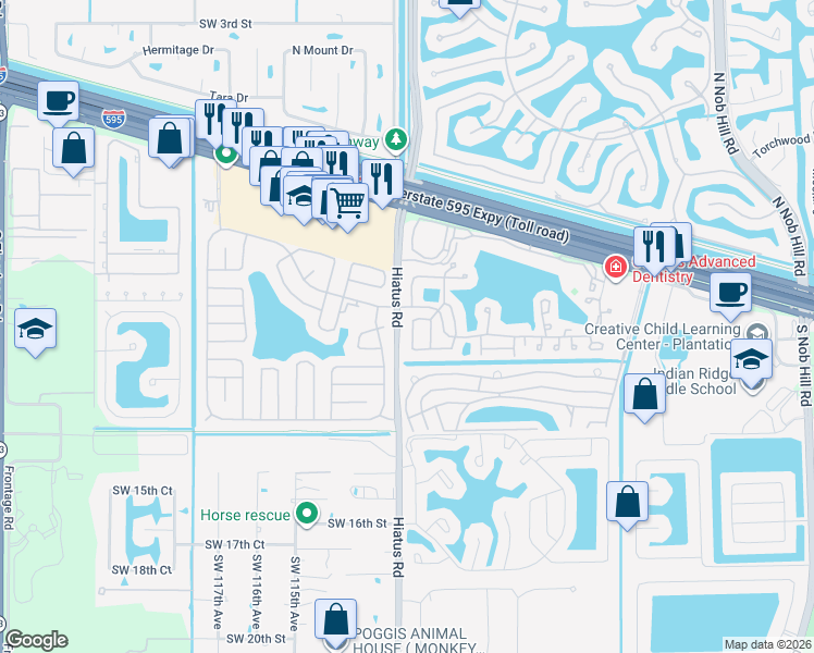 map of restaurants, bars, coffee shops, grocery stores, and more near 1061 Southwest 111th Way in Davie