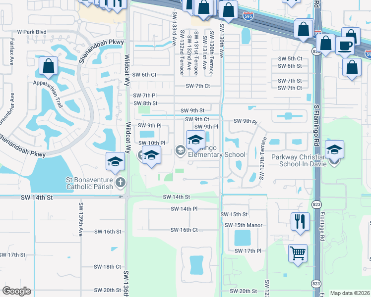 map of restaurants, bars, coffee shops, grocery stores, and more near 13240 Southwest 10th Manor in Davie