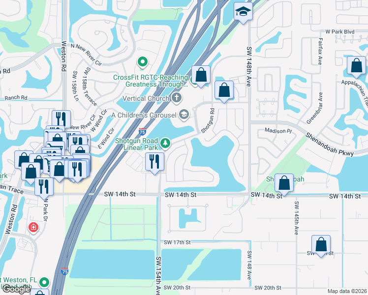 map of restaurants, bars, coffee shops, grocery stores, and more near 1297 Southwest 151st Avenue in Sunrise