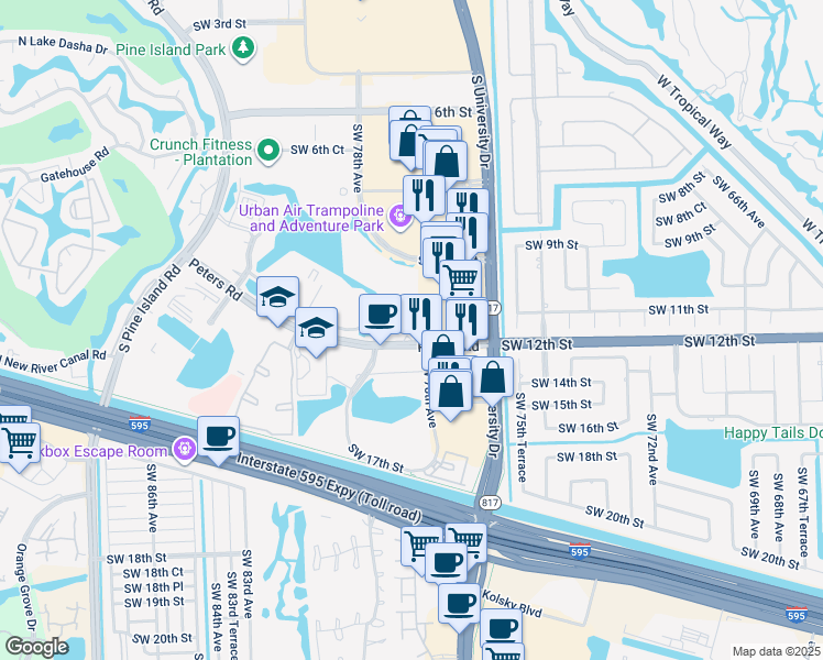 map of restaurants, bars, coffee shops, grocery stores, and more near 8021 Peters Road in Plantation