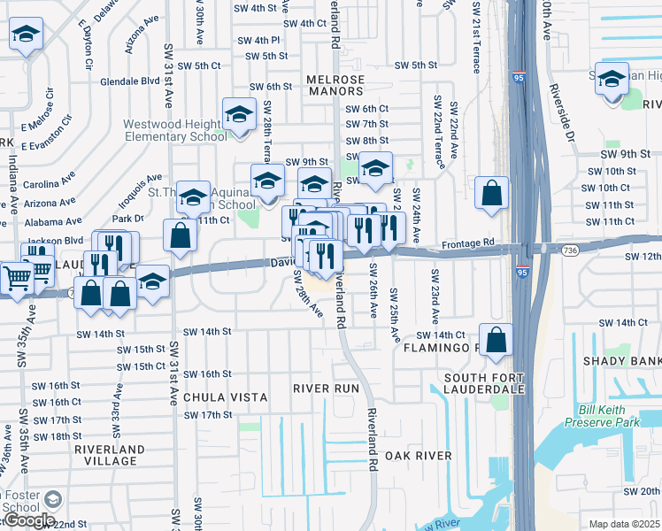 map of restaurants, bars, coffee shops, grocery stores, and more near 2700 Davie Boulevard in Fort Lauderdale