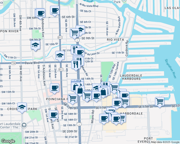 map of restaurants, bars, coffee shops, grocery stores, and more near 719 Southeast 13th Street in Fort Lauderdale