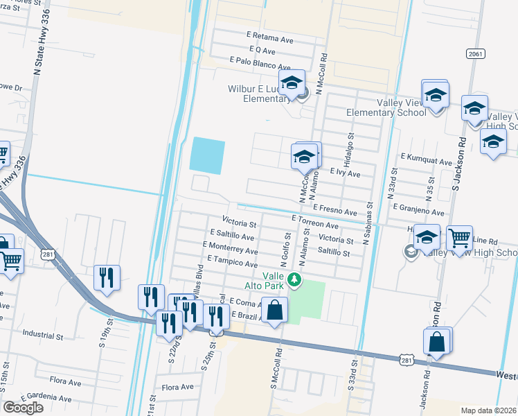 map of restaurants, bars, coffee shops, grocery stores, and more near 2405 Torreon Street in Hidalgo
