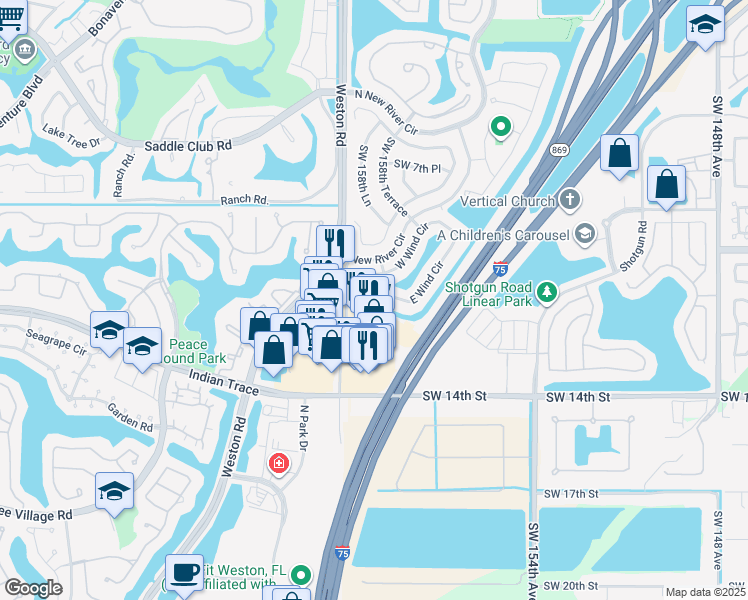 map of restaurants, bars, coffee shops, grocery stores, and more near 15972 East Wind Circle in Sunrise