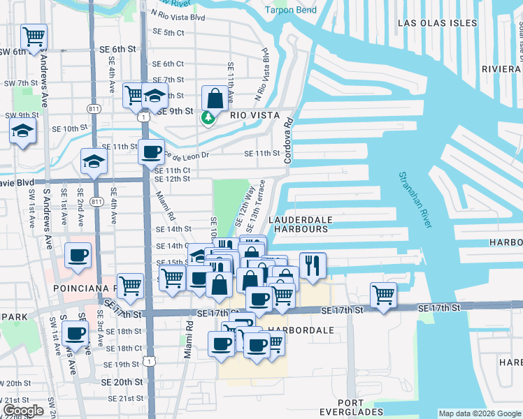 map of restaurants, bars, coffee shops, grocery stores, and more near 1246 Southeast 13th Terrace in Fort Lauderdale