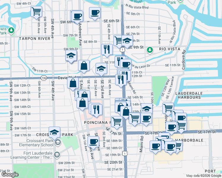map of restaurants, bars, coffee shops, grocery stores, and more near 401 Southeast 13th Street in Fort Lauderdale
