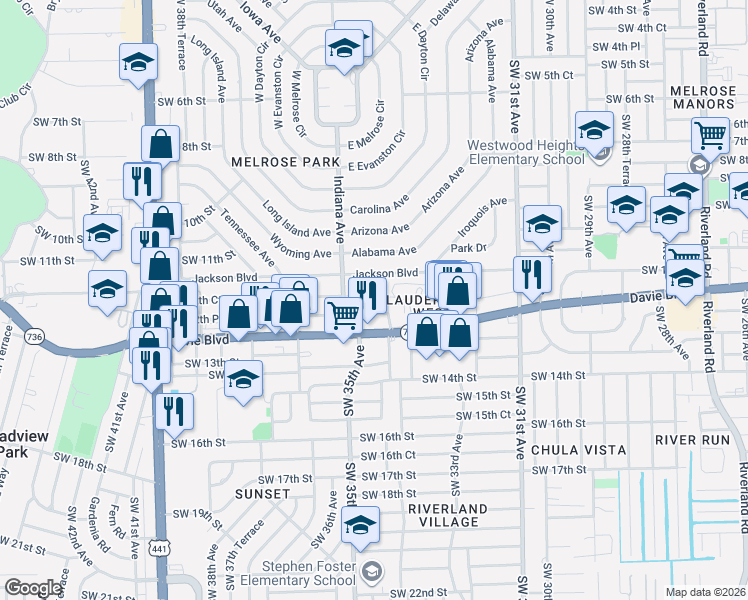map of restaurants, bars, coffee shops, grocery stores, and more near 3400 Southwest 12th Court in Fort Lauderdale
