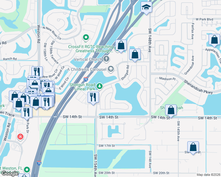 map of restaurants, bars, coffee shops, grocery stores, and more near 1297 Southwest 151st Avenue in Sunrise
