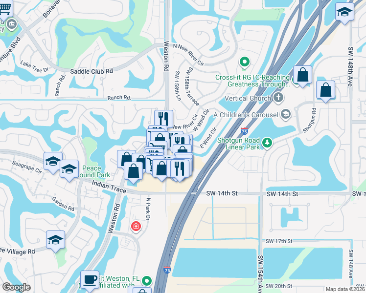 map of restaurants, bars, coffee shops, grocery stores, and more near 15972 East Wind Circle in Sunrise