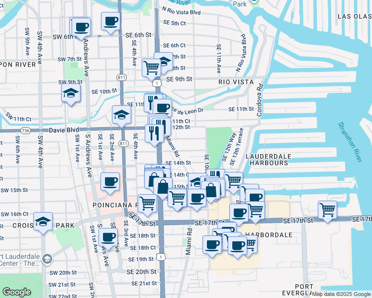 map of restaurants, bars, coffee shops, grocery stores, and more near 721 Southeast 13th Street in Fort Lauderdale