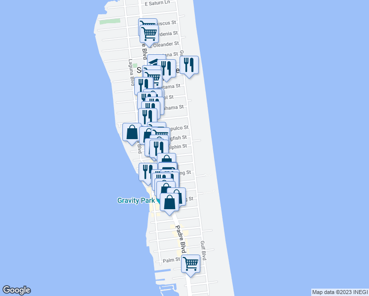 map of restaurants, bars, coffee shops, grocery stores, and more near 131 East Dolphin Street in South Padre Island