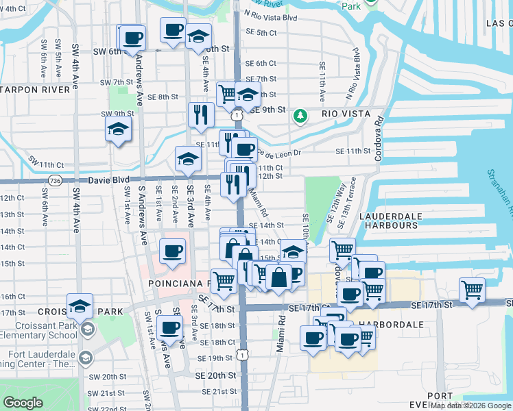 map of restaurants, bars, coffee shops, grocery stores, and more near 1249 Miami Road in Fort Lauderdale