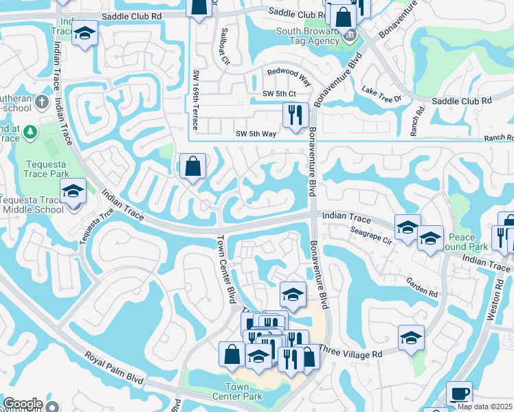 map of restaurants, bars, coffee shops, grocery stores, and more near 1175 Laguna Springs Drive in Weston