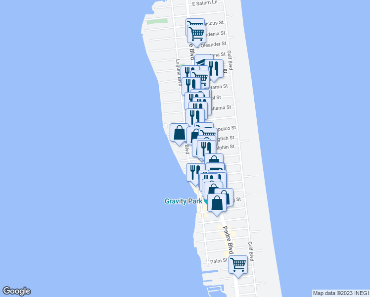 map of restaurants, bars, coffee shops, grocery stores, and more near 200 W Dolphin St in South Padre Island