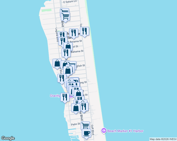 map of restaurants, bars, coffee shops, grocery stores, and more near 3000 Gulf Boulevard in South Padre Island