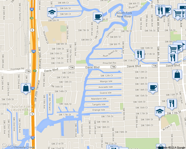map of restaurants, bars, coffee shops, grocery stores, and more near 1317 Southwest 12th Court in Fort Lauderdale