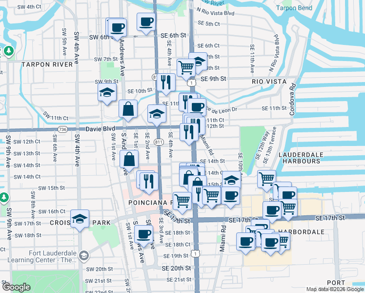 map of restaurants, bars, coffee shops, grocery stores, and more near 1241 South Federal Highway in Fort Lauderdale